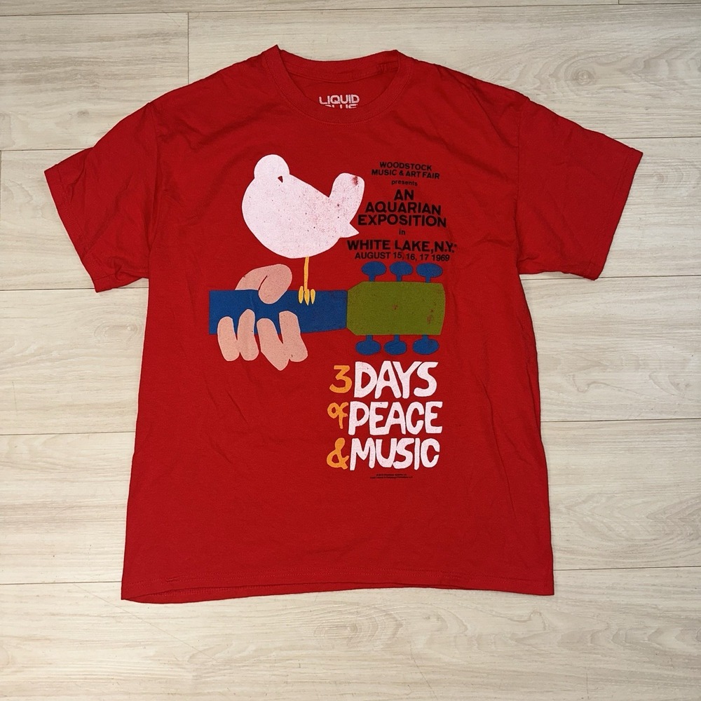 Woodstock T Shirt Liquid Blue Size Large Red 3 days of peace music love Retro